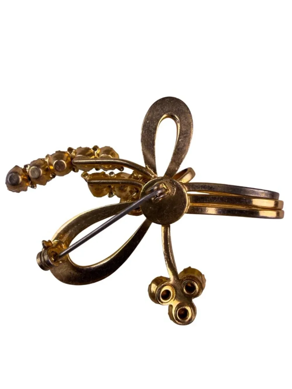 Vintage 1940 Gold Tone Bow Brooch Modernist Design With Rhinestones & Red Stones